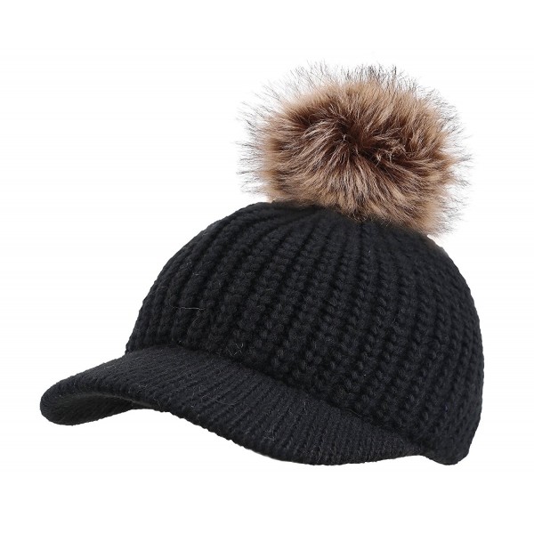 Arctic Paw Kids Cable Knit Beanie with Faux Fur Pompom and Brim Shade - Black - CW183OAL66S