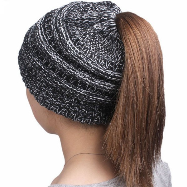 Mellons Women's Ponytail Beanie Hat Winter Stretch Chunky Knit Cap New Year Valentine's Gift - Black White - CU1884MKH03