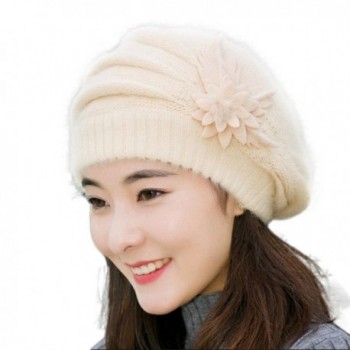 AutumnFall Fashion Womens Flower Knit Crochet Beanie Hat Winter Warm Cap Beret - Beige - CU12N24XRNQ