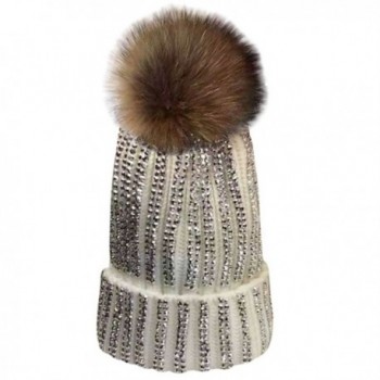 MIOIM Womens Girls Raccoon fur Big Pom Pom Beanie Diamante Knitted Bobble Hat - White - CA188L0G5ZK