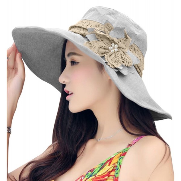 FakeFace Women's Anti-UV Sun Protective Wide Brim Floppy Floral Sun Hat UPF 50+ - Gray - CN12I2UI3N7