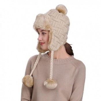 Lisin Warm Women Winter Hat with Ear Flaps Snow Ski Thick Knit Wool Beanie Cap Hat - Beige 5 - CI1880Q94HW