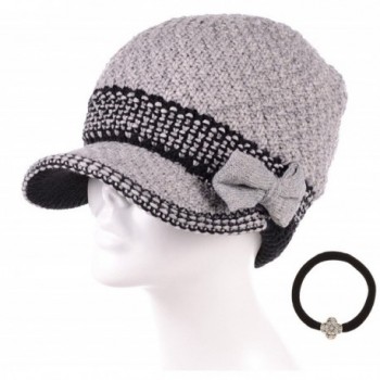 MIRMARU Women's Winter Cable Knitted Beret Visor Beanie Hat with Scrunchy. - Bowknot-grey - C012N7AL2SP