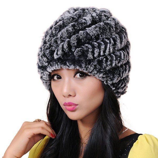 URSFUR Rex Rabbit Fur Knit Beanie Hats Multicolor - Black Frost - C011M7A8RBB