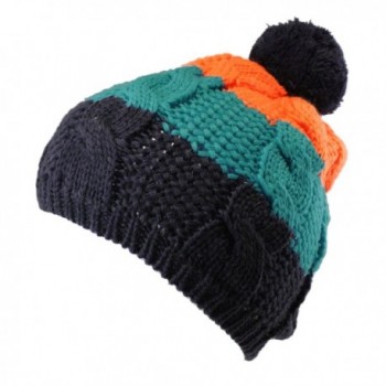 Morehats Warm Winter Ski Stripe Pompom Crochet Knit Beanie Beret Cap Hat - Navy - CR11N3HBK9T