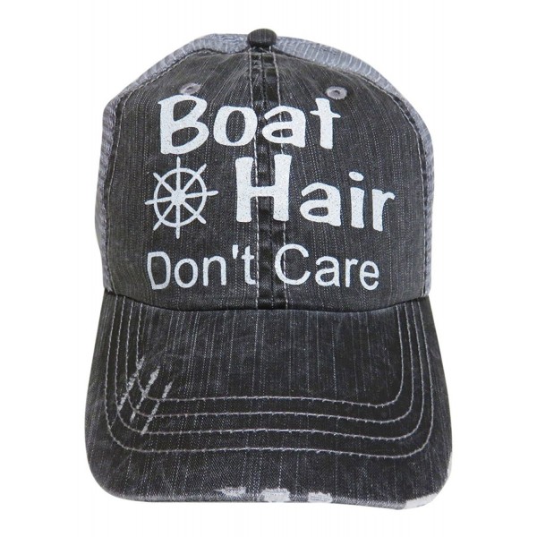 Glitter Boat Hair Don't Care Distressed Look Grey Trucker Cap Hat - White Glitter Letters - CP12GXQI9J5