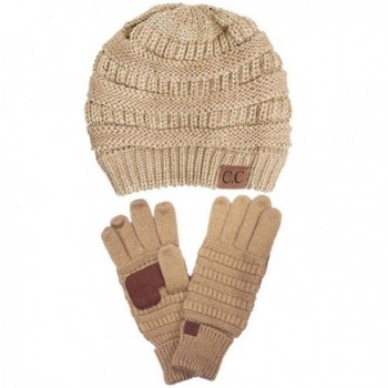 ScarvesMe C.C Trendy Warm Chunky Soft Stretch Cable Knit Beanie and Gloves Set - Metallic Gold - CT186LHZS9Q
